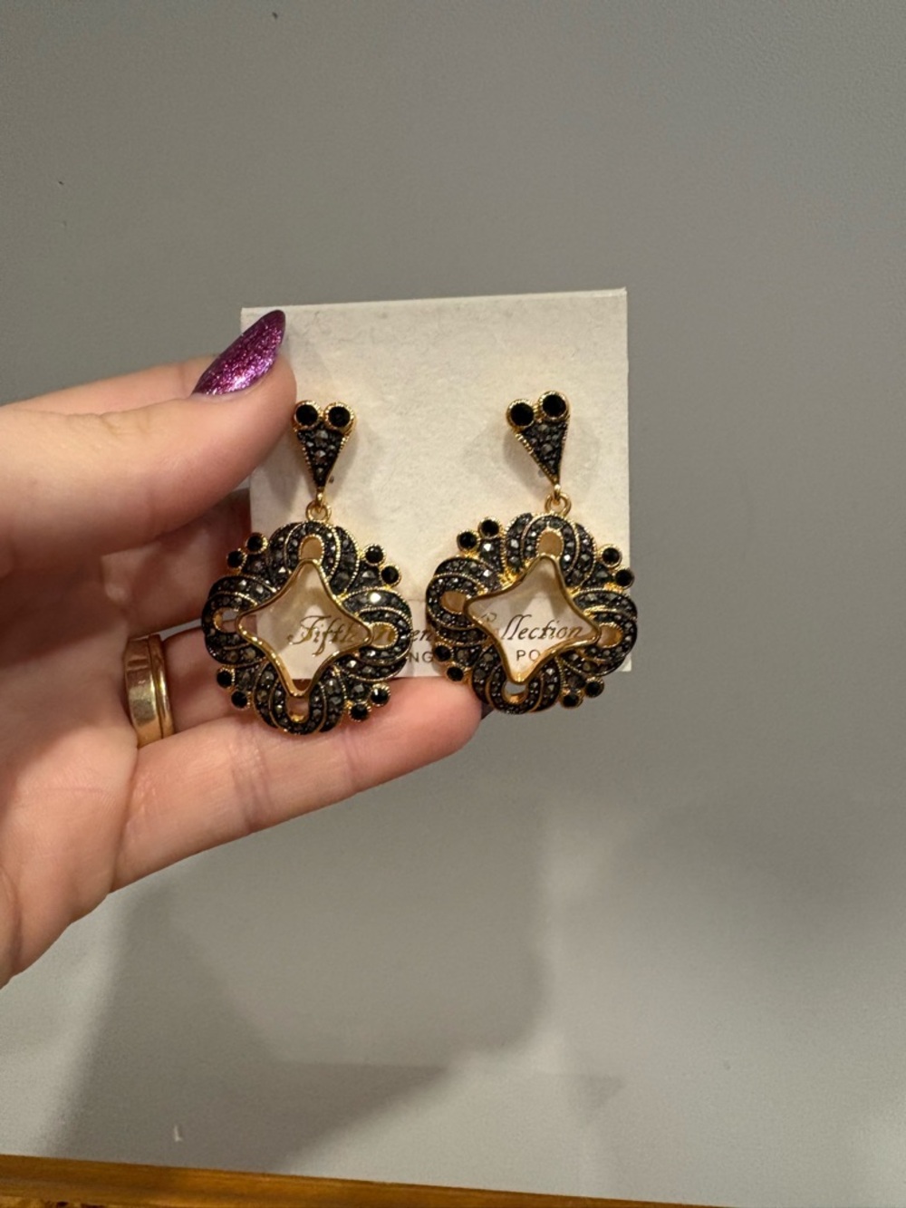 Gold-Tone Black Crystal Decorative Drop Earrings